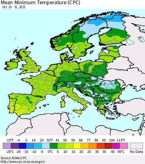 Europe Mean Minimum Temperature (CPC) Thematic Map For 10/25/2021 - 10/31/2021