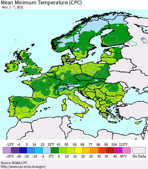 Europe Mean Minimum Temperature (CPC) Thematic Map For 11/1/2021 - 11/7/2021