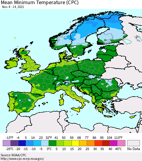 Europe Mean Minimum Temperature (CPC) Thematic Map For 11/8/2021 - 11/14/2021