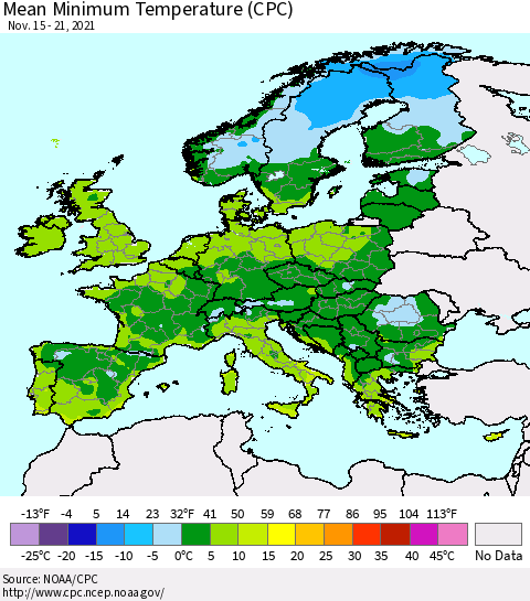 Europe Mean Minimum Temperature (CPC) Thematic Map For 11/15/2021 - 11/21/2021