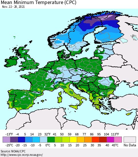 Europe Mean Minimum Temperature (CPC) Thematic Map For 11/22/2021 - 11/28/2021