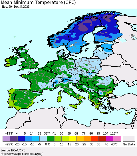 Europe Mean Minimum Temperature (CPC) Thematic Map For 11/29/2021 - 12/5/2021