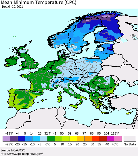 Europe Mean Minimum Temperature (CPC) Thematic Map For 12/6/2021 - 12/12/2021