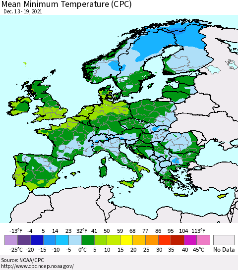 Europe Mean Minimum Temperature (CPC) Thematic Map For 12/13/2021 - 12/19/2021