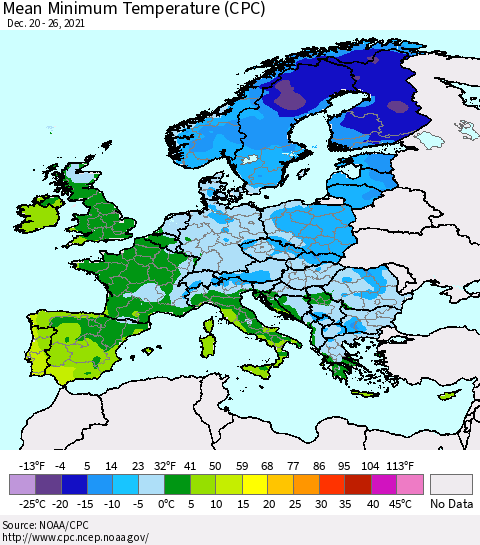 Europe Mean Minimum Temperature (CPC) Thematic Map For 12/20/2021 - 12/26/2021