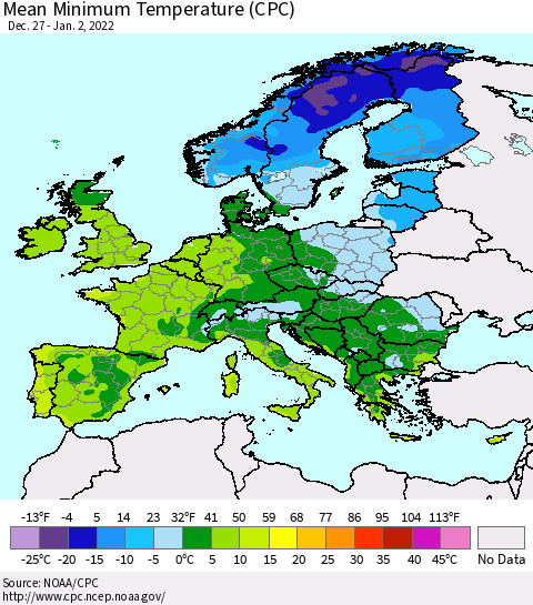 Europe Mean Minimum Temperature (CPC) Thematic Map For 12/27/2021 - 1/2/2022