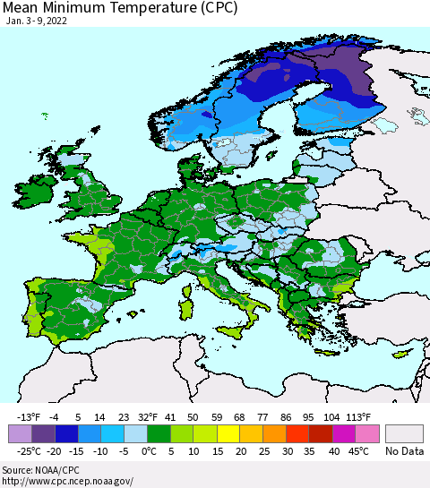 Europe Mean Minimum Temperature (CPC) Thematic Map For 1/3/2022 - 1/9/2022