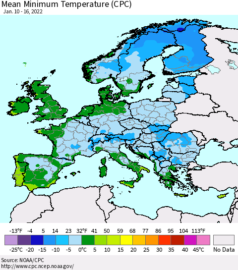 Europe Mean Minimum Temperature (CPC) Thematic Map For 1/10/2022 - 1/16/2022