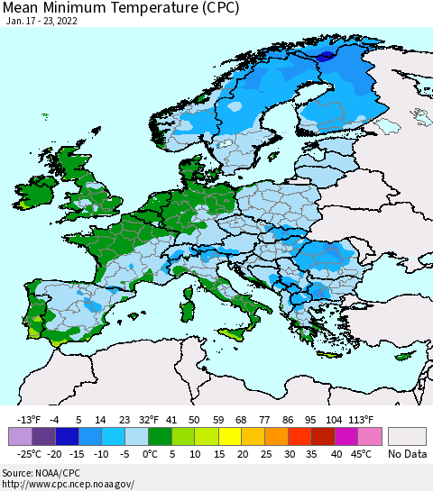 Europe Mean Minimum Temperature (CPC) Thematic Map For 1/17/2022 - 1/23/2022