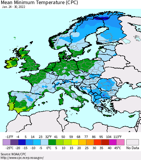 Europe Mean Minimum Temperature (CPC) Thematic Map For 1/24/2022 - 1/30/2022