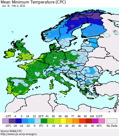 Europe Mean Minimum Temperature (CPC) Thematic Map For 1/31/2022 - 2/6/2022