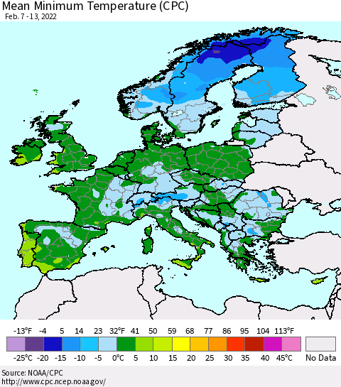 Europe Mean Minimum Temperature (CPC) Thematic Map For 2/7/2022 - 2/13/2022