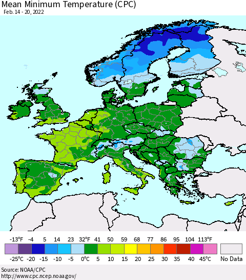 Europe Mean Minimum Temperature (CPC) Thematic Map For 2/14/2022 - 2/20/2022