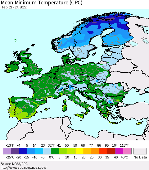 Europe Mean Minimum Temperature (CPC) Thematic Map For 2/21/2022 - 2/27/2022