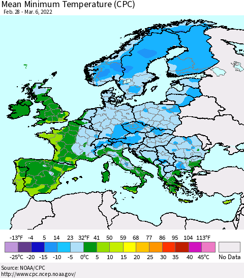 Europe Mean Minimum Temperature (CPC) Thematic Map For 2/28/2022 - 3/6/2022