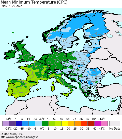 Europe Mean Minimum Temperature (CPC) Thematic Map For 3/14/2022 - 3/20/2022