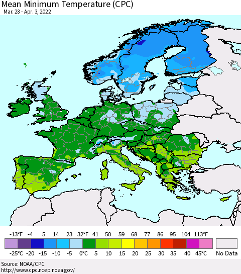 Europe Mean Minimum Temperature (CPC) Thematic Map For 3/28/2022 - 4/3/2022