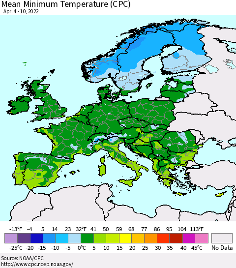 Europe Mean Minimum Temperature (CPC) Thematic Map For 4/4/2022 - 4/10/2022