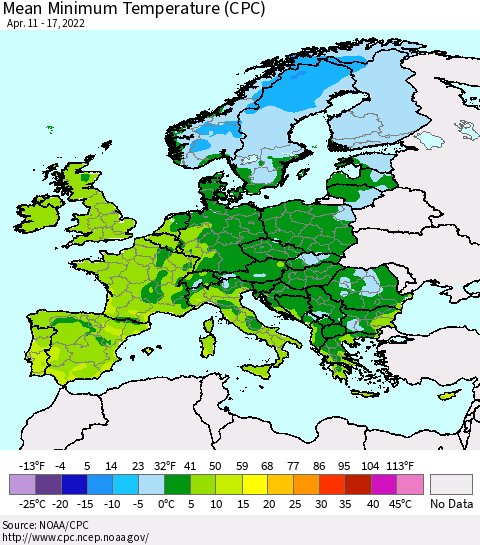Europe Mean Minimum Temperature (CPC) Thematic Map For 4/11/2022 - 4/17/2022