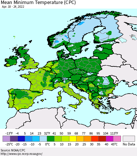 Europe Mean Minimum Temperature (CPC) Thematic Map For 4/18/2022 - 4/24/2022