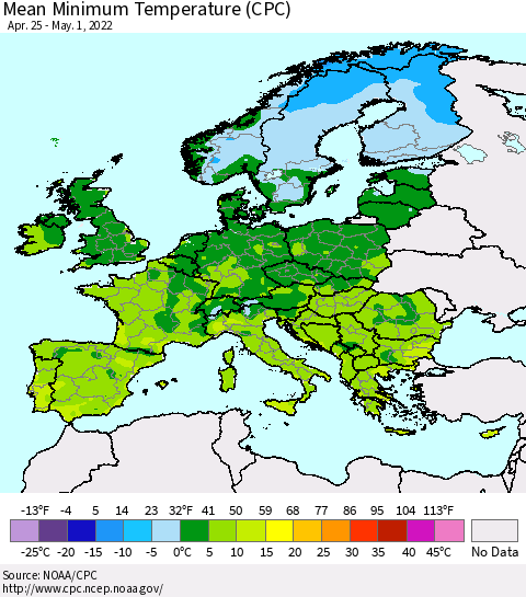 Europe Mean Minimum Temperature (CPC) Thematic Map For 4/25/2022 - 5/1/2022