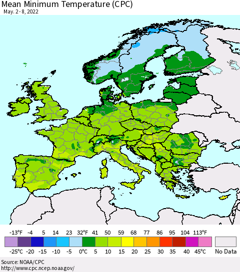 Europe Mean Minimum Temperature (CPC) Thematic Map For 5/2/2022 - 5/8/2022
