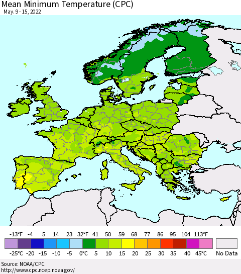 Europe Mean Minimum Temperature (CPC) Thematic Map For 5/9/2022 - 5/15/2022