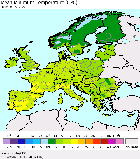 Europe Mean Minimum Temperature (CPC) Thematic Map For 5/16/2022 - 5/22/2022