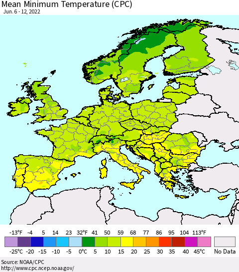 Europe Mean Minimum Temperature (CPC) Thematic Map For 6/6/2022 - 6/12/2022