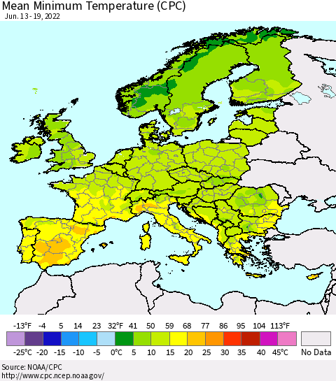 Europe Mean Minimum Temperature (CPC) Thematic Map For 6/13/2022 - 6/19/2022