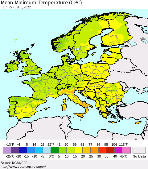 Europe Mean Minimum Temperature (CPC) Thematic Map For 6/27/2022 - 7/3/2022
