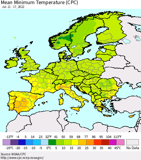 Europe Mean Minimum Temperature (CPC) Thematic Map For 7/11/2022 - 7/17/2022