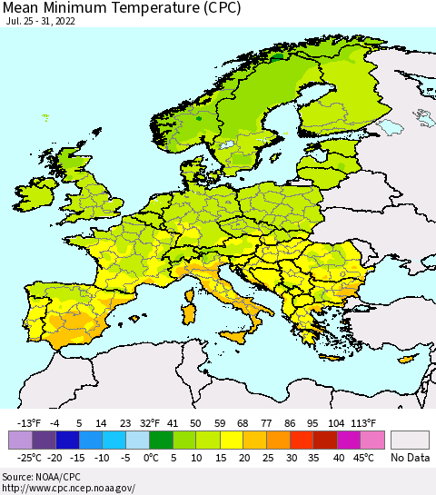 Europe Mean Minimum Temperature (CPC) Thematic Map For 7/25/2022 - 7/31/2022