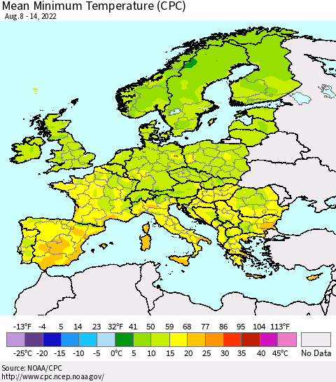 Europe Mean Minimum Temperature (CPC) Thematic Map For 8/8/2022 - 8/14/2022