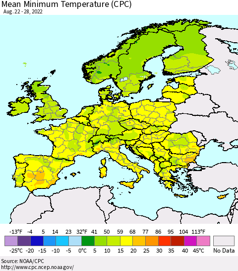 Europe Mean Minimum Temperature (CPC) Thematic Map For 8/22/2022 - 8/28/2022