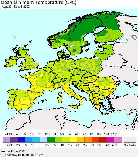 Europe Mean Minimum Temperature (CPC) Thematic Map For 8/29/2022 - 9/4/2022
