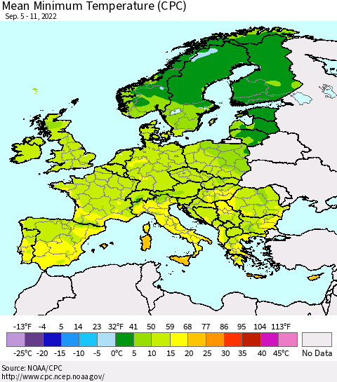 Europe Mean Minimum Temperature (CPC) Thematic Map For 9/5/2022 - 9/11/2022