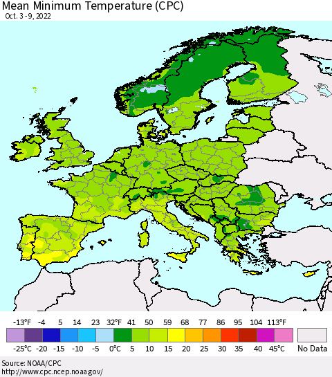Europe Mean Minimum Temperature (CPC) Thematic Map For 10/3/2022 - 10/9/2022