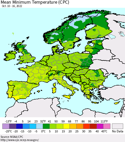 Europe Mean Minimum Temperature (CPC) Thematic Map For 10/10/2022 - 10/16/2022