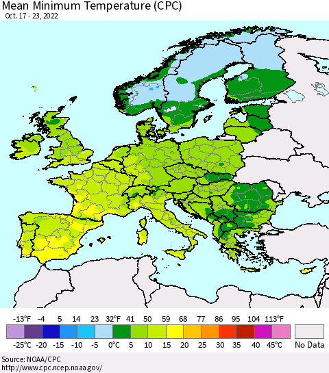 Europe Mean Minimum Temperature (CPC) Thematic Map For 10/17/2022 - 10/23/2022