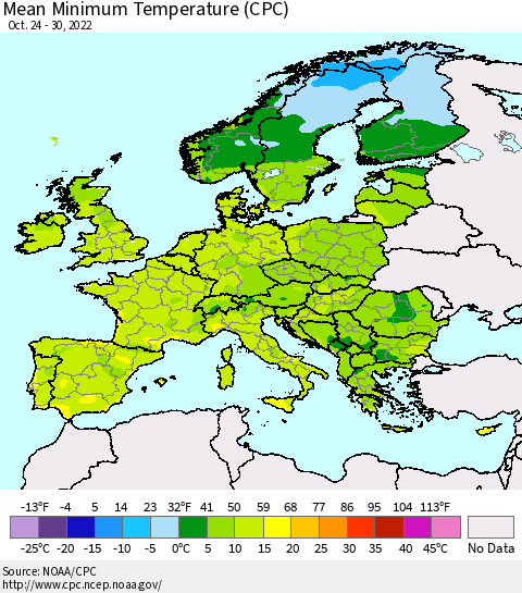 Europe Mean Minimum Temperature (CPC) Thematic Map For 10/24/2022 - 10/30/2022