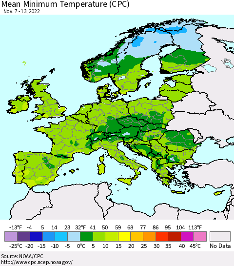 Europe Mean Minimum Temperature (CPC) Thematic Map For 11/7/2022 - 11/13/2022