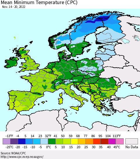 Europe Mean Minimum Temperature (CPC) Thematic Map For 11/14/2022 - 11/20/2022