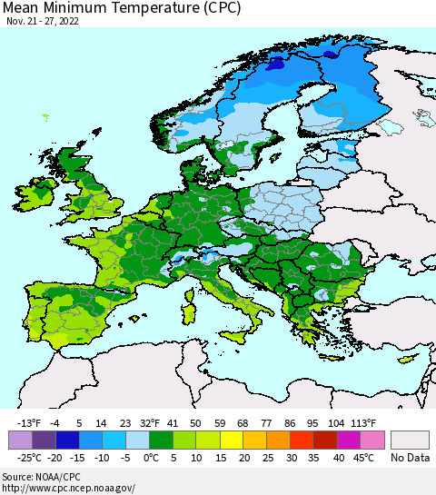 Europe Mean Minimum Temperature (CPC) Thematic Map For 11/21/2022 - 11/27/2022