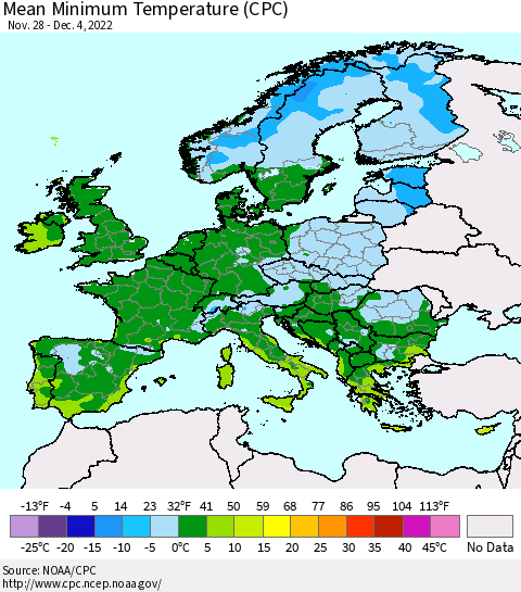 Europe Mean Minimum Temperature (CPC) Thematic Map For 11/28/2022 - 12/4/2022
