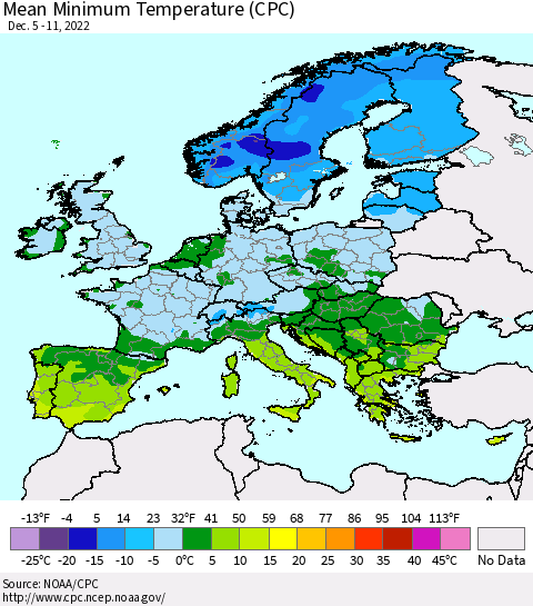 Europe Mean Minimum Temperature (CPC) Thematic Map For 12/5/2022 - 12/11/2022