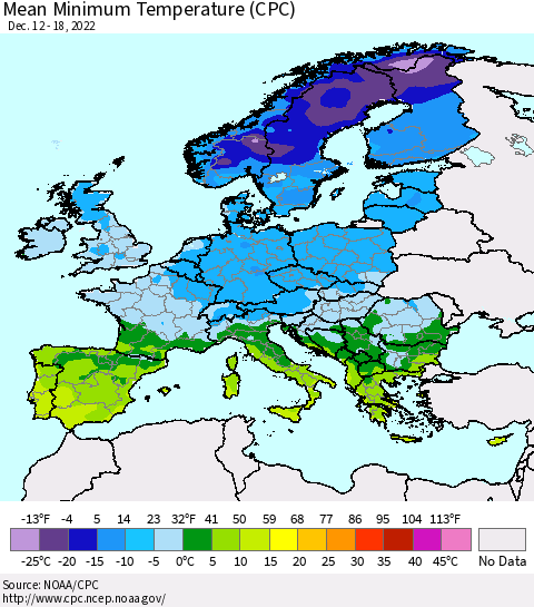 Europe Mean Minimum Temperature (CPC) Thematic Map For 12/12/2022 - 12/18/2022