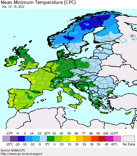 Europe Mean Minimum Temperature (CPC) Thematic Map For 12/19/2022 - 12/25/2022