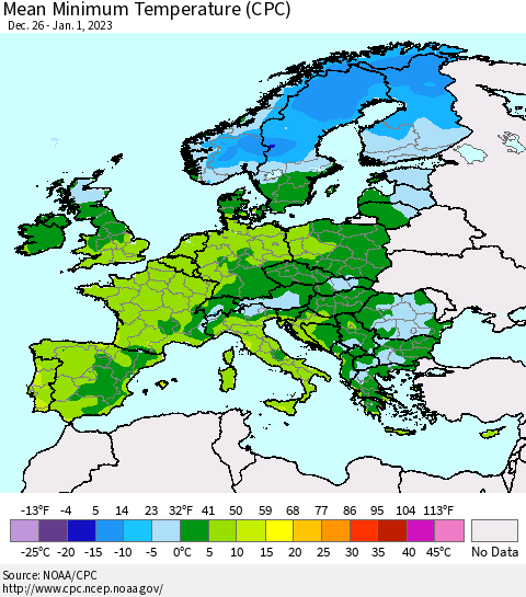 Europe Mean Minimum Temperature (CPC) Thematic Map For 12/26/2022 - 1/1/2023