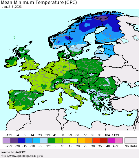 Europe Mean Minimum Temperature (CPC) Thematic Map For 1/2/2023 - 1/8/2023